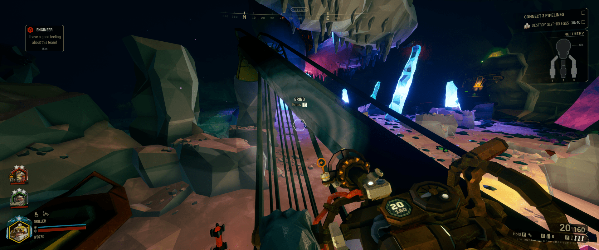 A screenshot from Deep Rock Galactic with two pipeline crossing themselves